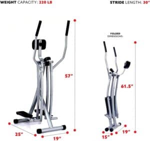 The folded and unfolded dimensions of the Sunny Health & Fitness SF-E902 Air Walk Trainer