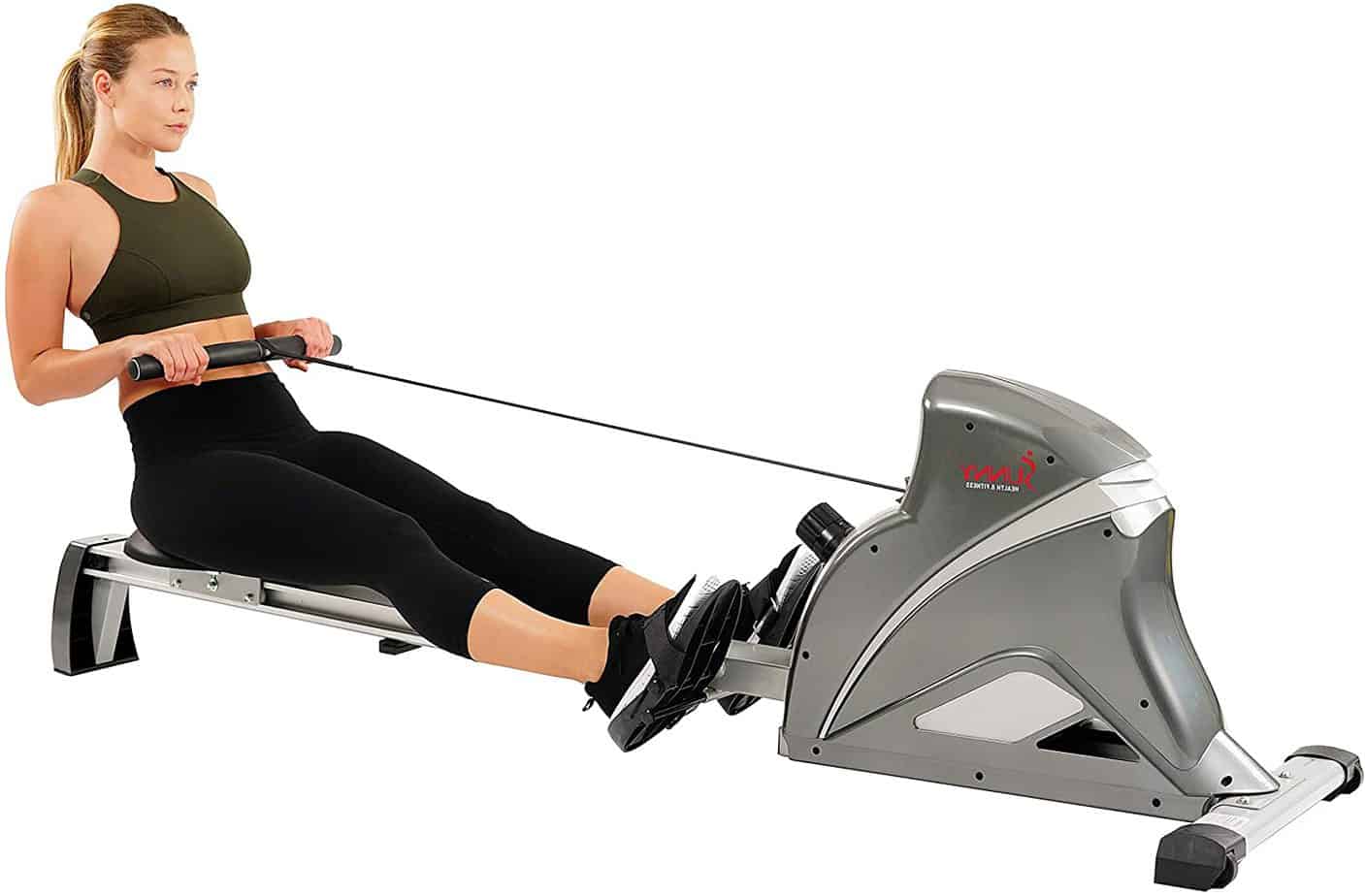 A lady exercising with the Sunny Health & Fitness SF-RW5508 Magnetic Rower