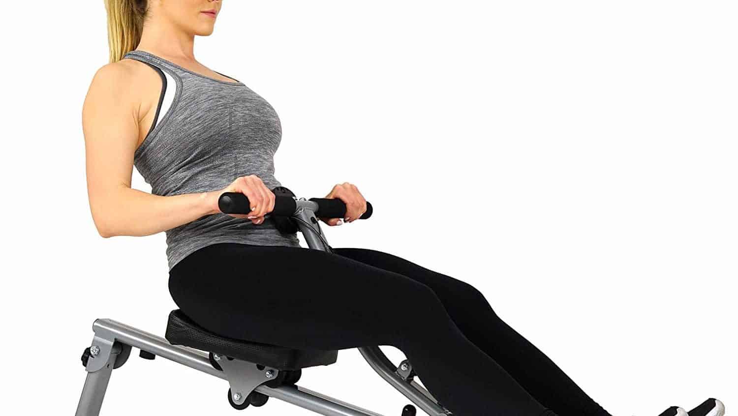 Lady exercises with the Sunny Health and Fitness Rowing Machine (SF-RW1205)