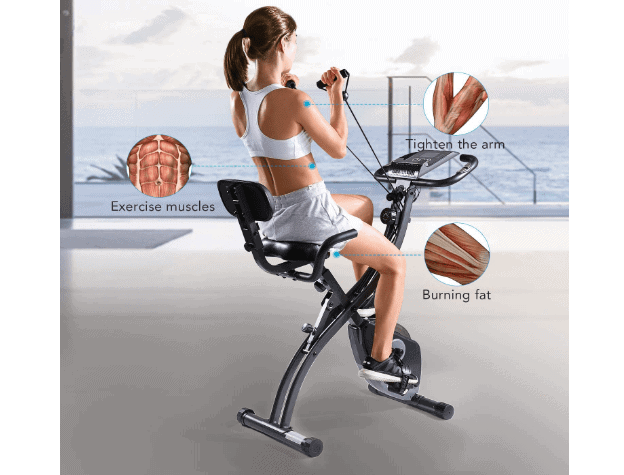 A girl exercising with the MaxKare Magnetic Folding Semi-Recumbent Bike