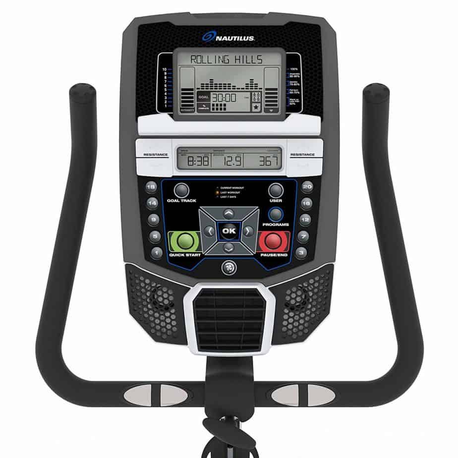 The console and the handlebars of the Nautilus U614 Upright Bike