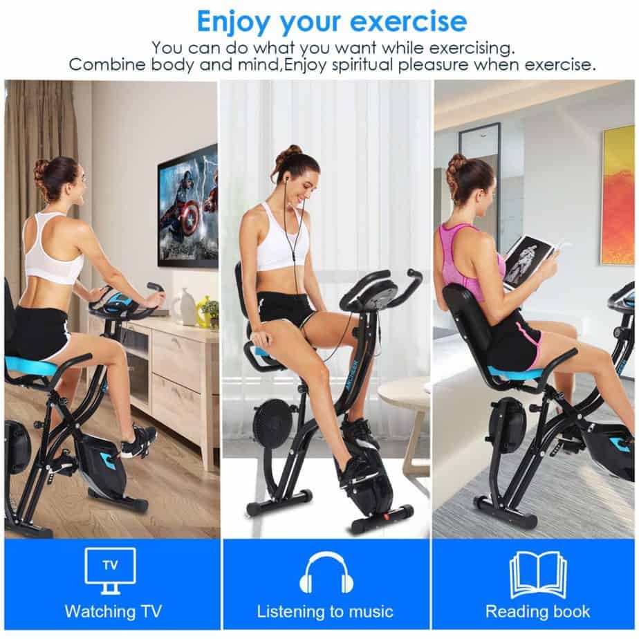 An athlete is watching TV, listening to music, and reading while working out on the Zafuar 3-in-1 Slim Folding Cycling Exercise Bike