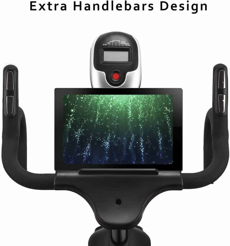 The handlebar and tablet holder of the DMASUN Exercise Stationary Bike 