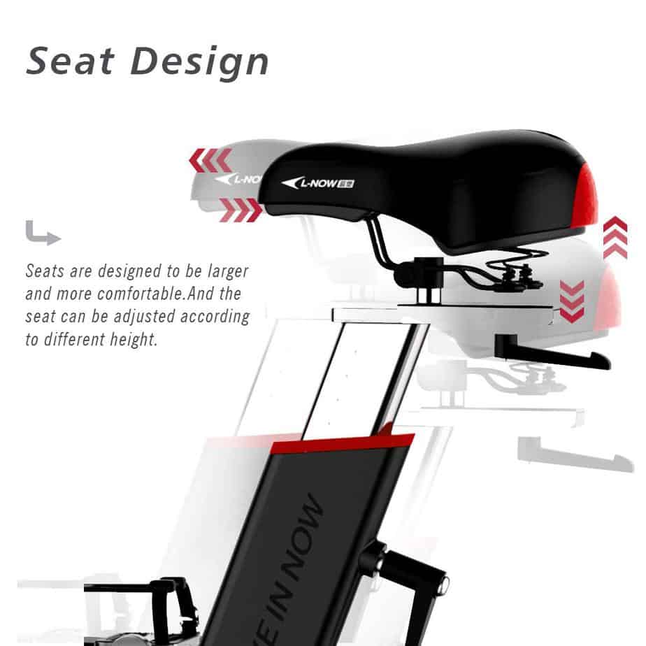 The adjustable seat of the Pooboo D578 Indoor Cycling Bike
