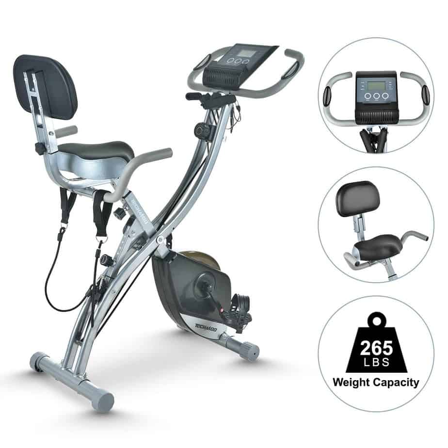 The TECHMOO Folding Stationary Bike with the seat and the console on display