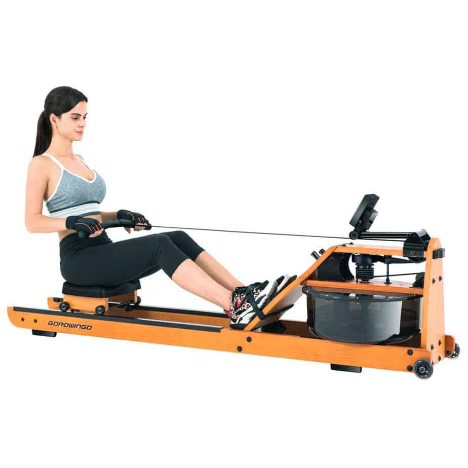 A lady is exercising with the Gorowingo Wooden Water Rower