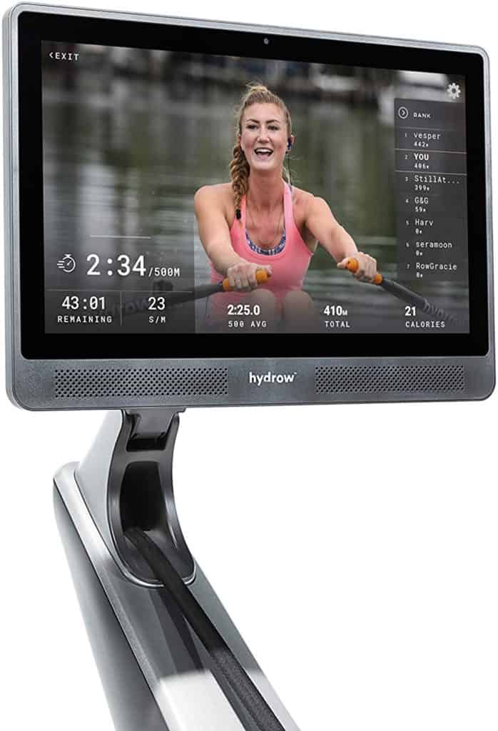 The 22'' HD touchscreen monitor of the Hydrow Live Outdoor Reality Rower 