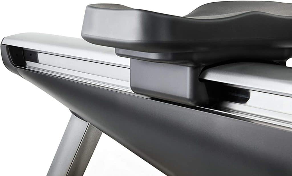 The seat and the rail of the Hydrow Live Outdoor Reality Rower 