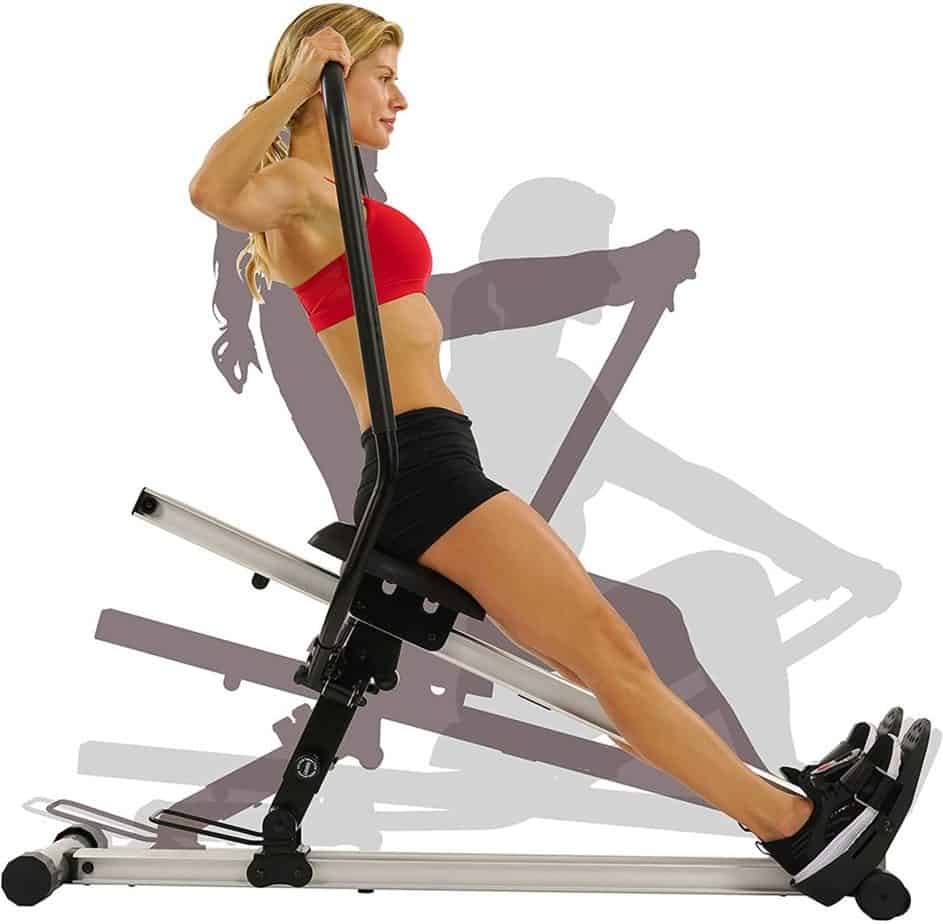 A female rower exercising with the Sunny Health and Fitness SF-RW5720 Incline Slide Rower