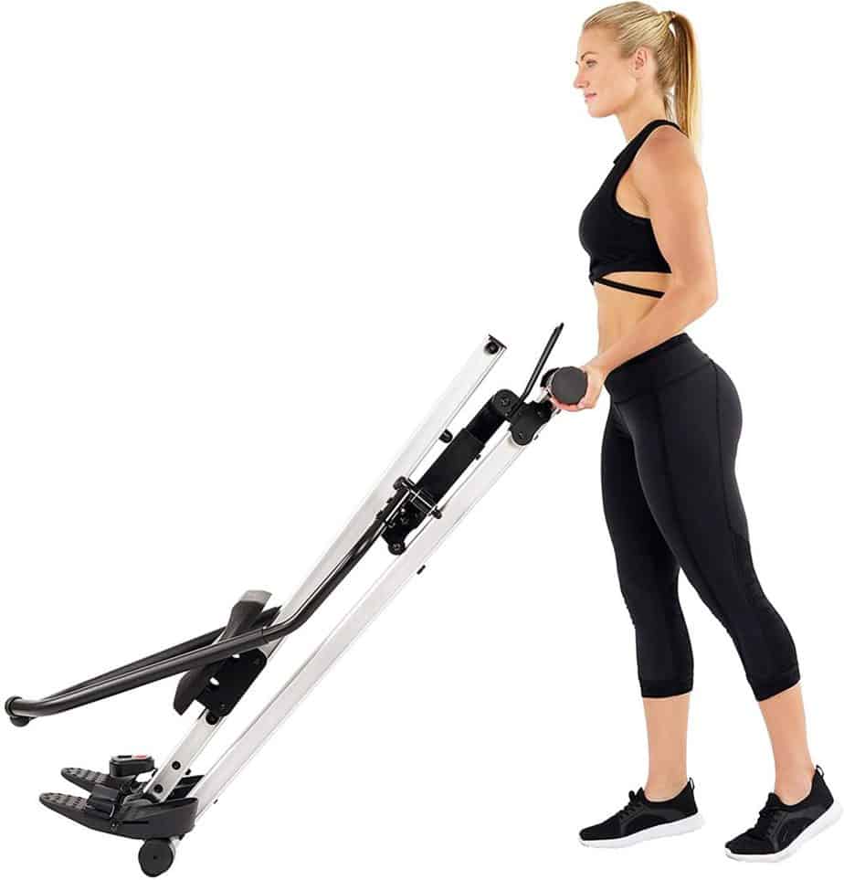A user is moving the Sunny Health and Fitness SF-RW5720 Incline Slide Rower to storage