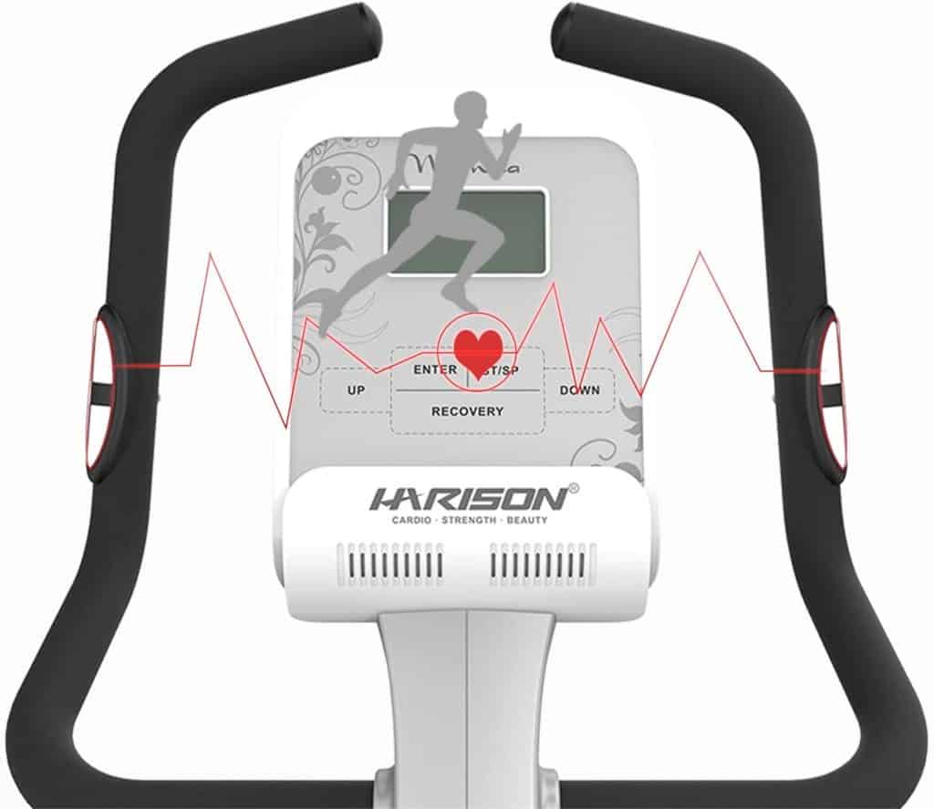 The EKG HR sensors and the console of the HARISON B5 Upright Magnetic Bike