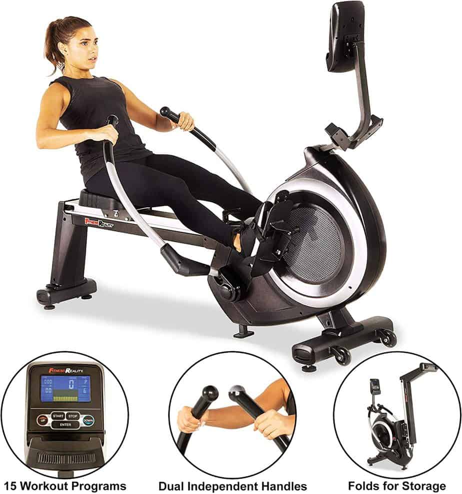 A lady is working out with the Fitness Reality 4000MR Magnetic Rower