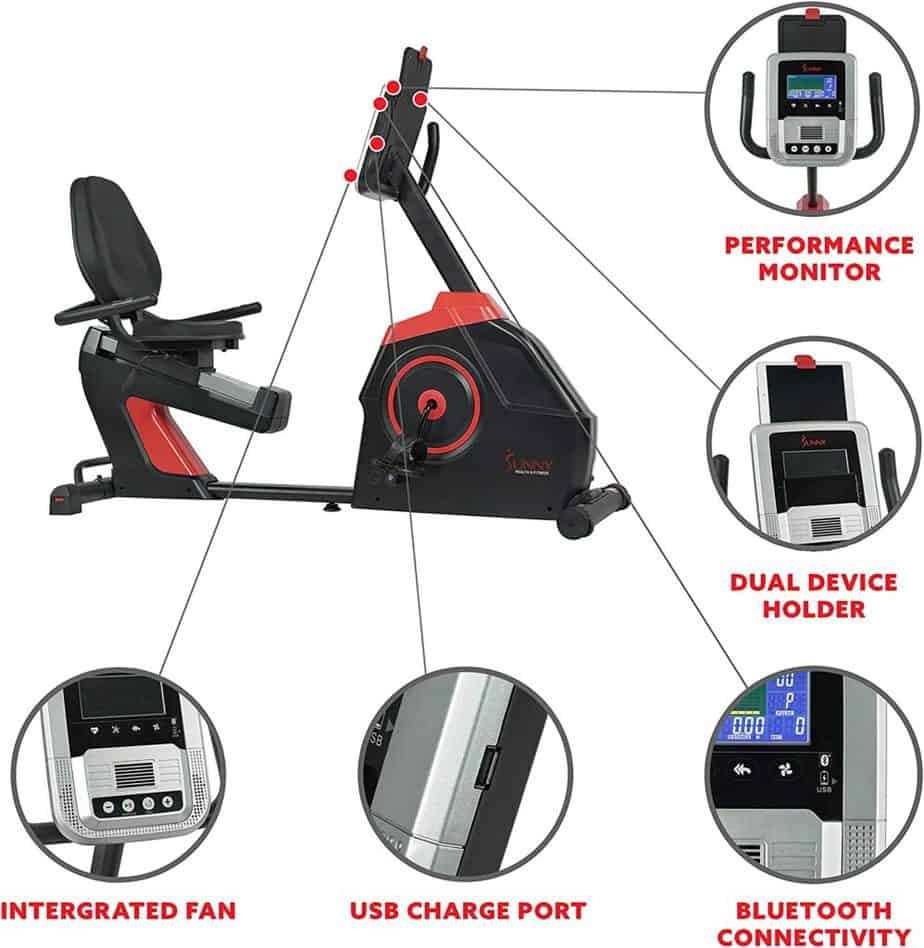 The console, the dual device holder, cooling fan, USB charging port, and Bluetooth connectivity of the Sunny Health & Fitness SF-RB4954 Evo-Fit Recumbent Bike 
