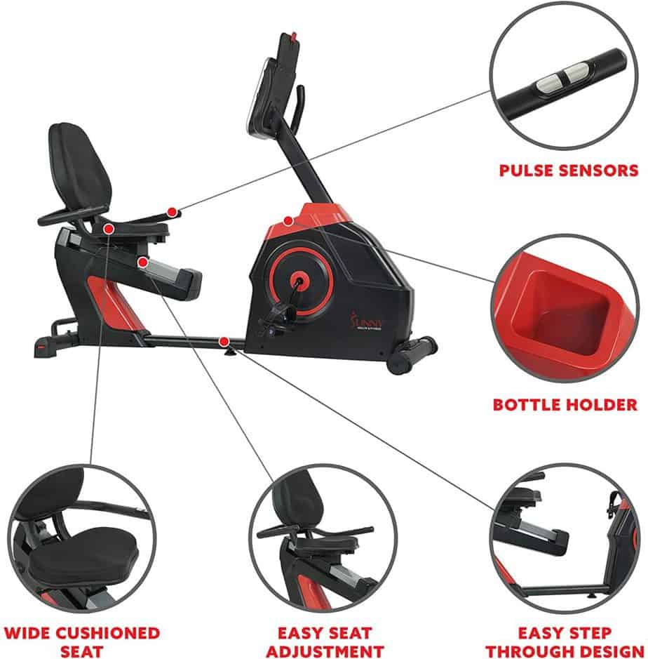 The seat, heart rate sensors, water bottle holder, seat adjustabment, and easy step-thru design of the Sunny Health & Fitness SF-RB4954 Evo-Fit Cardio Recumbent Bike