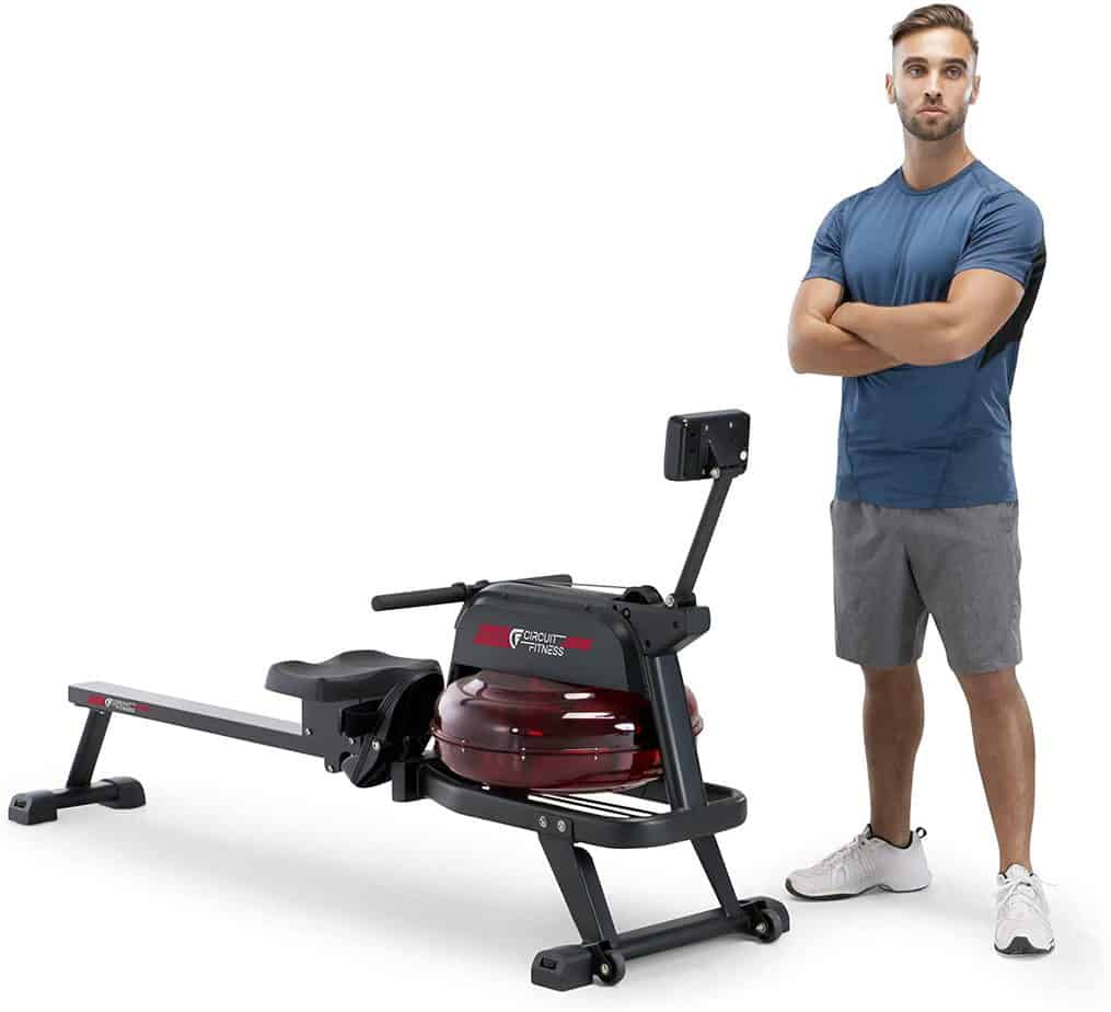 An athlete standing by the Circuit Fitness AMZ-167RW Water Rowing Machine