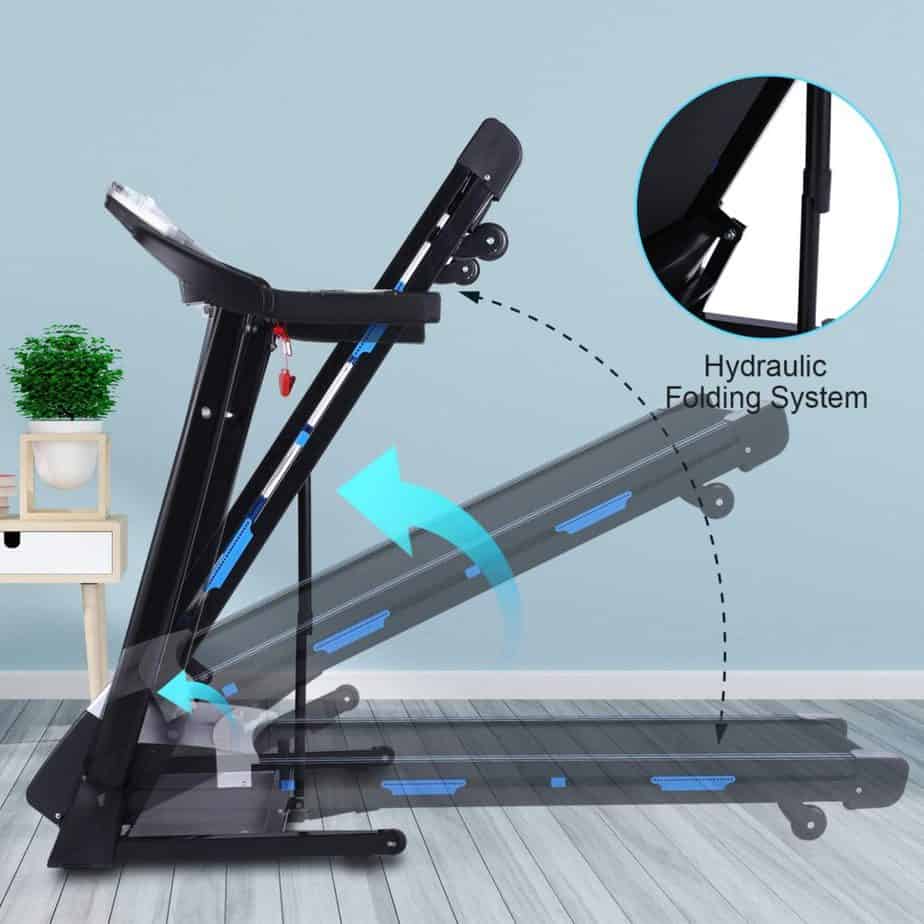 The hydraulic folding system of the FUNMILY 3.25 HP Model T900 Folding Treadmill