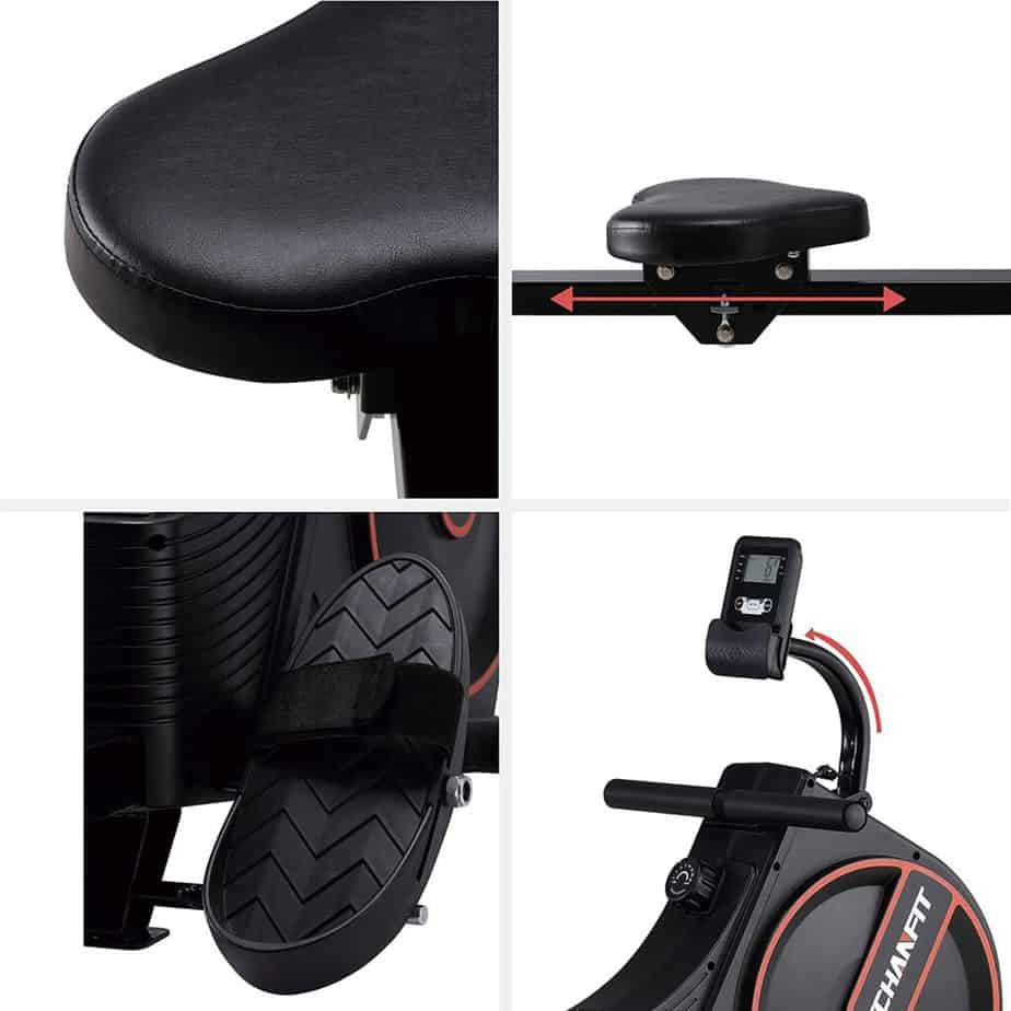 The seat, pedal, handlbar, and the monitor of the ECHANFIT CRW 4901 Magnetic Rowing Machine 