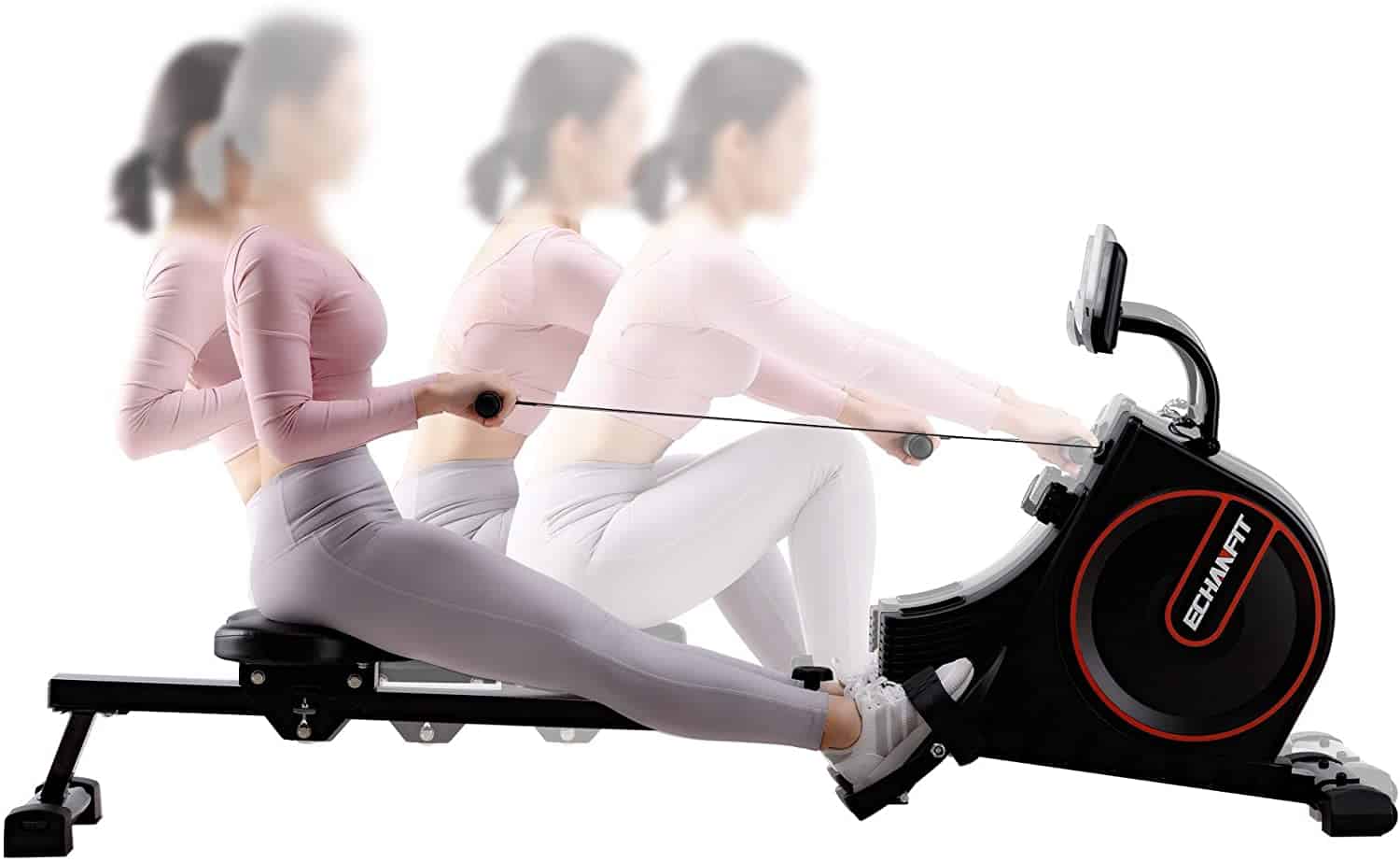 Lady rowing on the ECHANFIT CRW 4901 Magnetic Rowing Machine