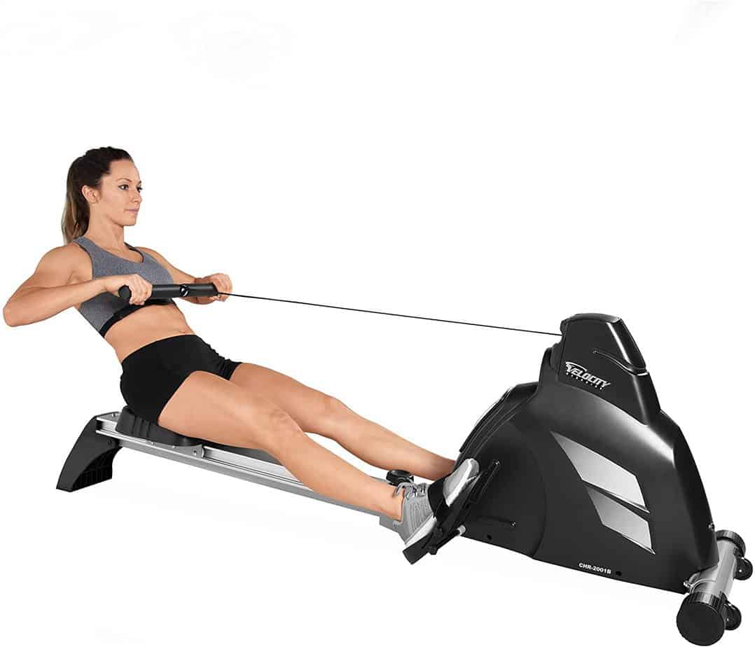 A lady is exercising on the Velocity CHR-2001 Magnetic Rower