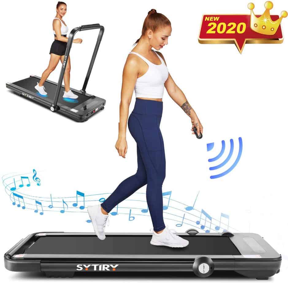 A lady uses the FUNMILY 2 in 1 Folding Under-Desk Treadmill in a walking and running modes