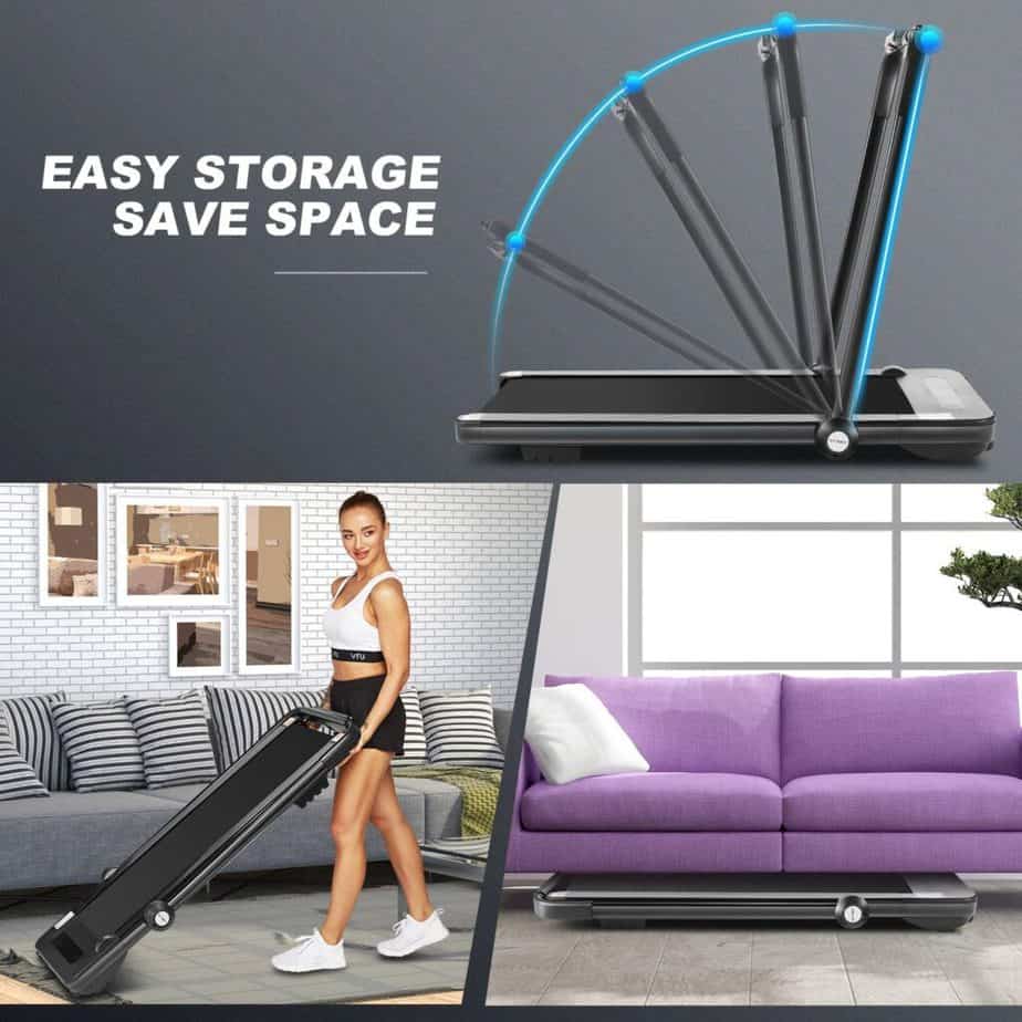 A lady rolls the FUNMILY 2 in 1 Folding Under-Desk Treadmill away and stores it under the couch