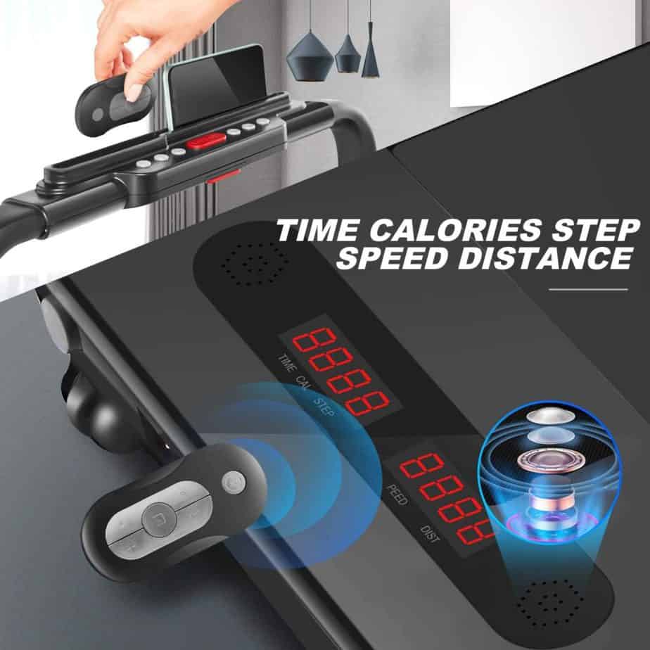 The LED display and remote controller of the FUNMILY 2 in 1 Folding Under-Desk Treadmill 
