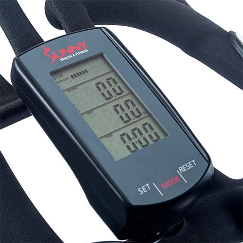 The console of the  Sunny Health & Fitness SF-B1851 Synergy Pro Indoor Cycling Bike 