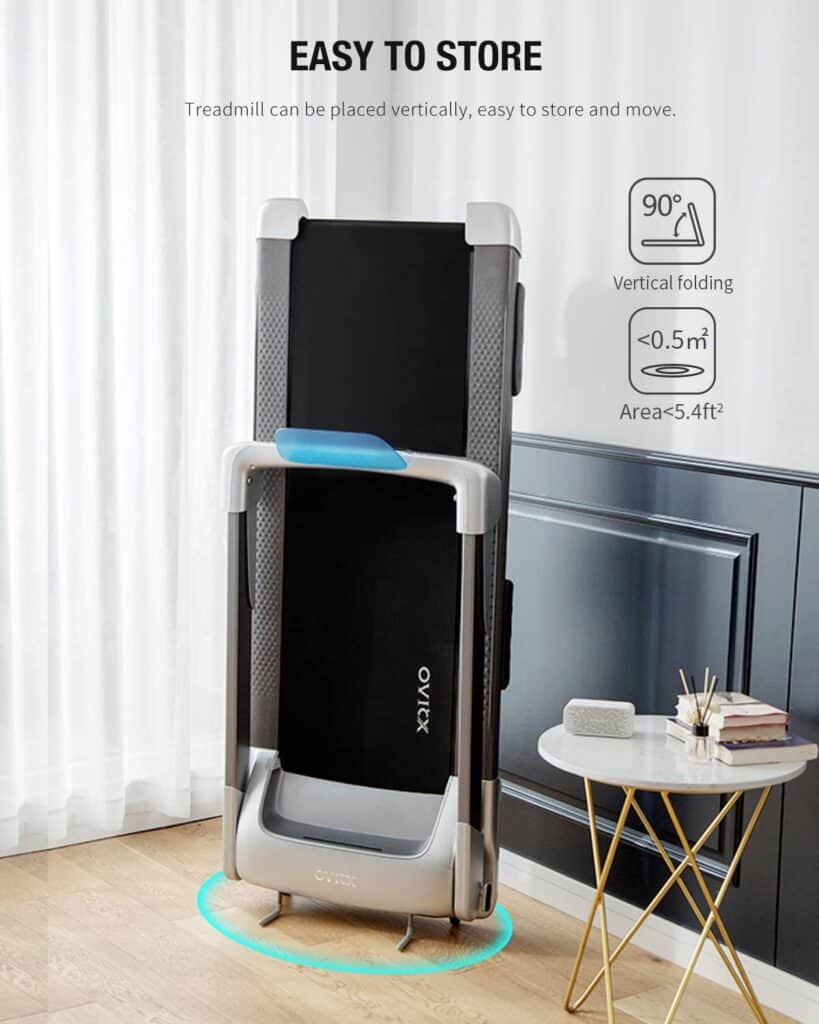 The WEKEEP OVICX Q2S Folding Portable Treadmill is stored vertically
