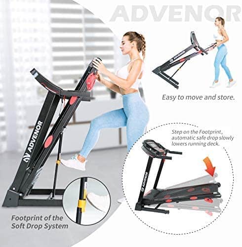 A user folds and moves the Advenor 3.0 HP Motor Folding Treadmill for storage