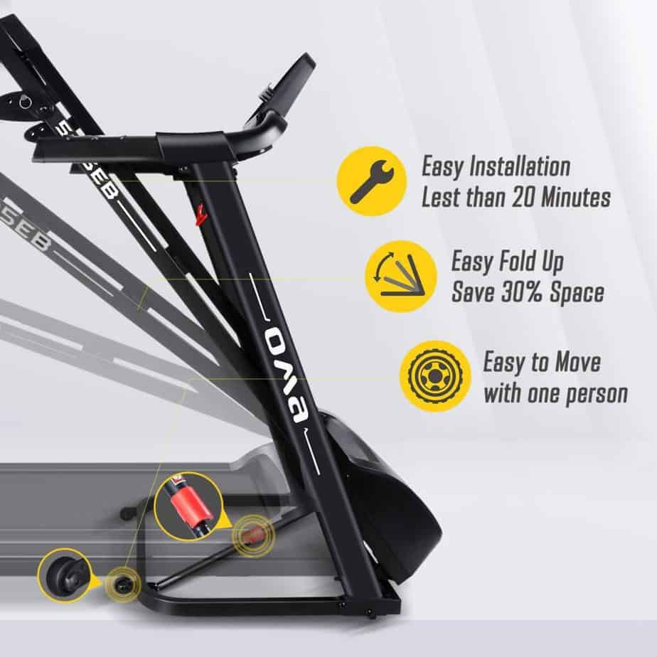 The OMA 5105EB 2.25 HP Folding Treadmill  is folded up for storage