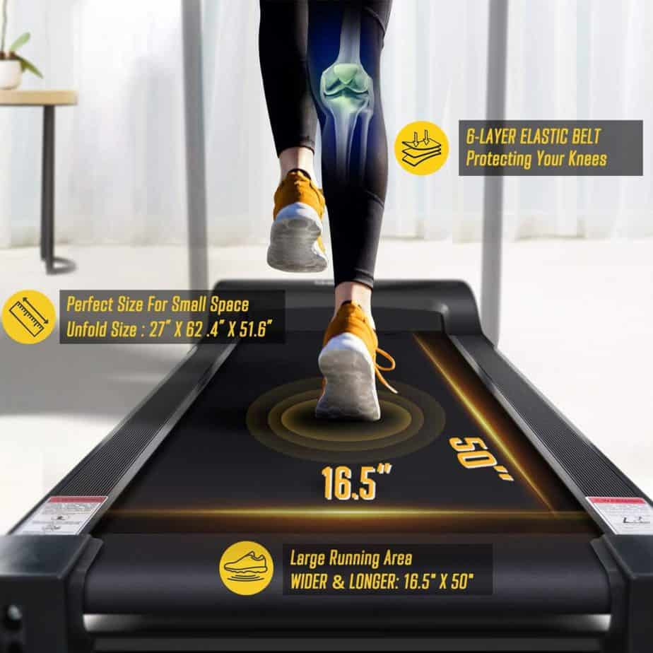 The deck of the OMA 5105EB 2.25 HP Folding Treadmill 