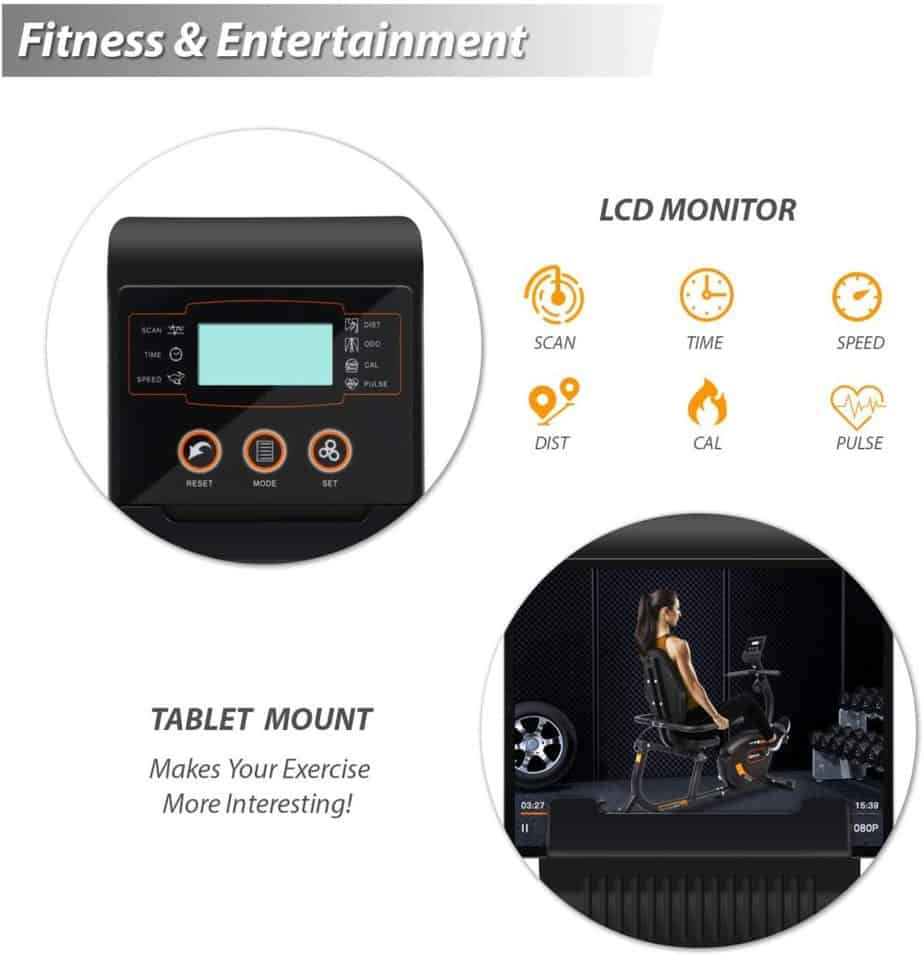 The console of the JEEKEE Magnetic Recumbent Exercise Bike
