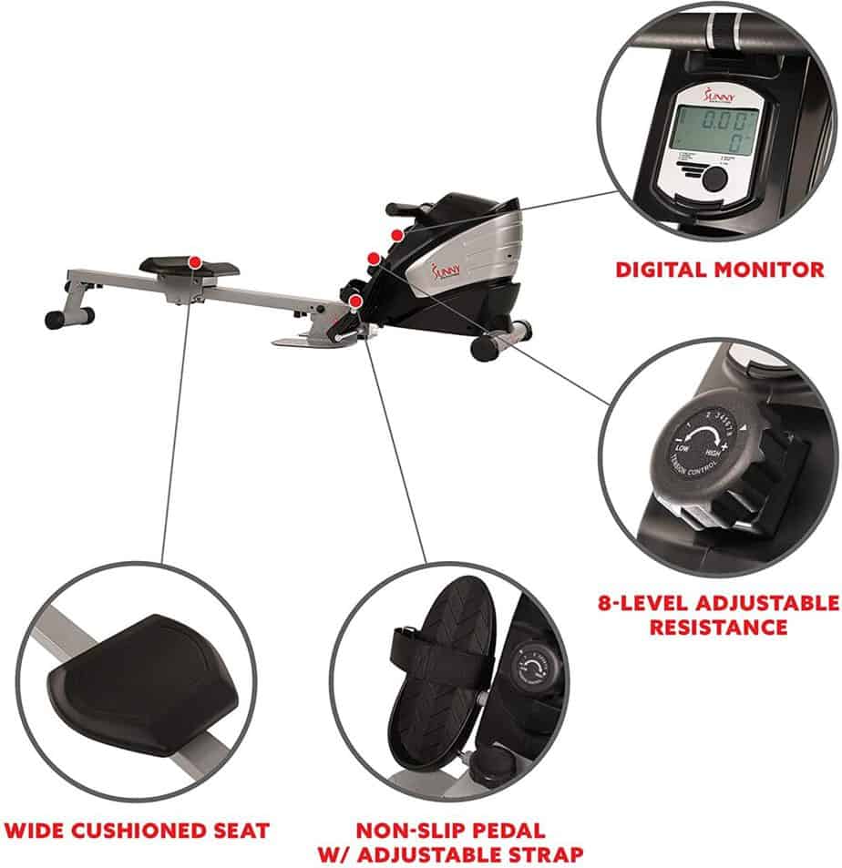 The console, the resistance control knob, the seat, and the pedals of the Sunny Health & Fitness SF-RW5622 Magnetic Rowing Machine