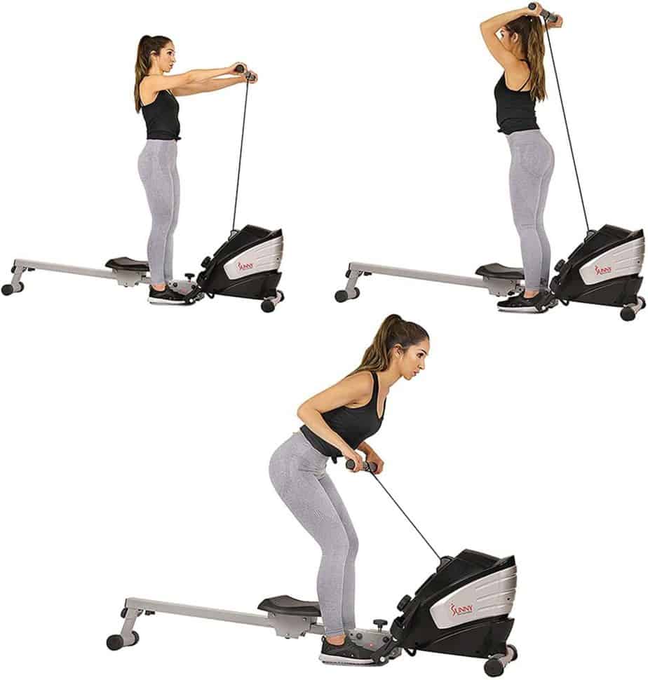 The Sunny Health & Fitness SF-RW5622 Magnetic Rowing Machine is used for resistance exercises by a lady