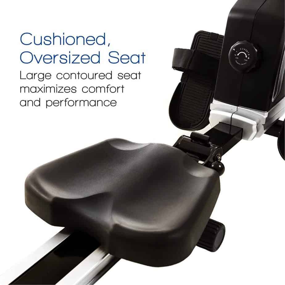 The padded seat of the XTERRA Fitness ERG200 Magnetic Rowing Machine 