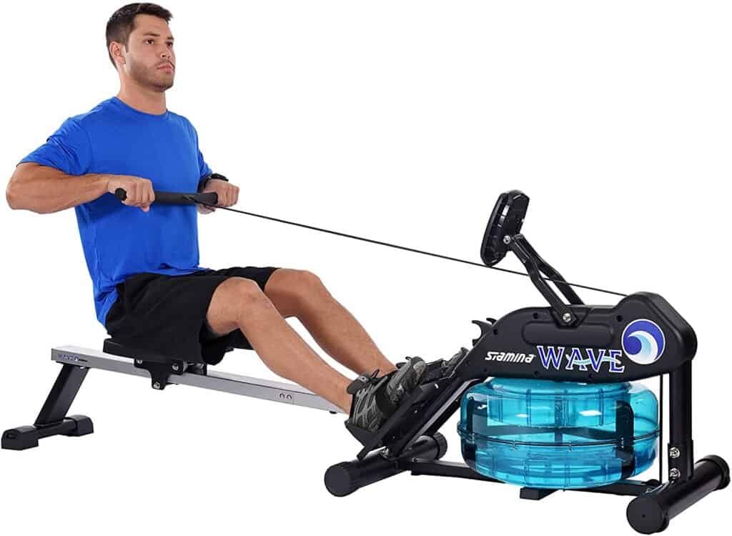 A man rows with the Stamina 35-1450 Elite Wave Water Rower
