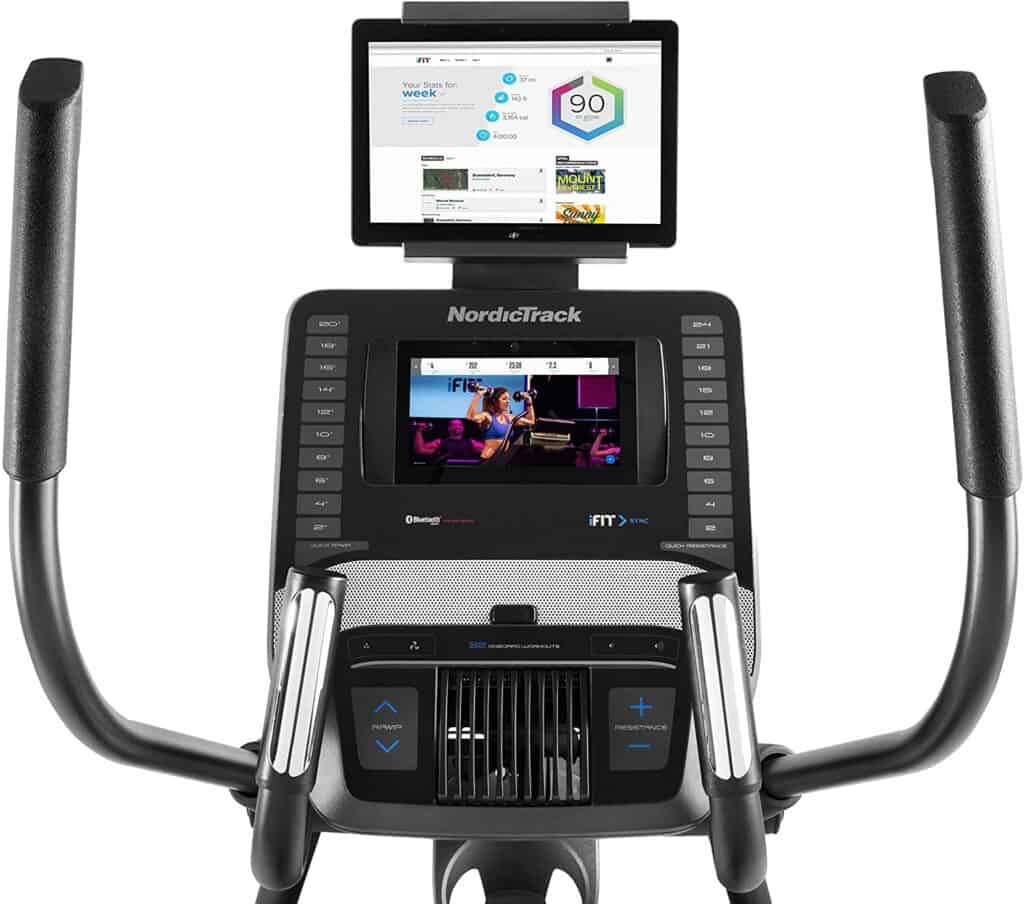 The handlebars, tablet holder, and the console of the NordicTrack NTEL71218 C 12.9 Elliptical Trainer