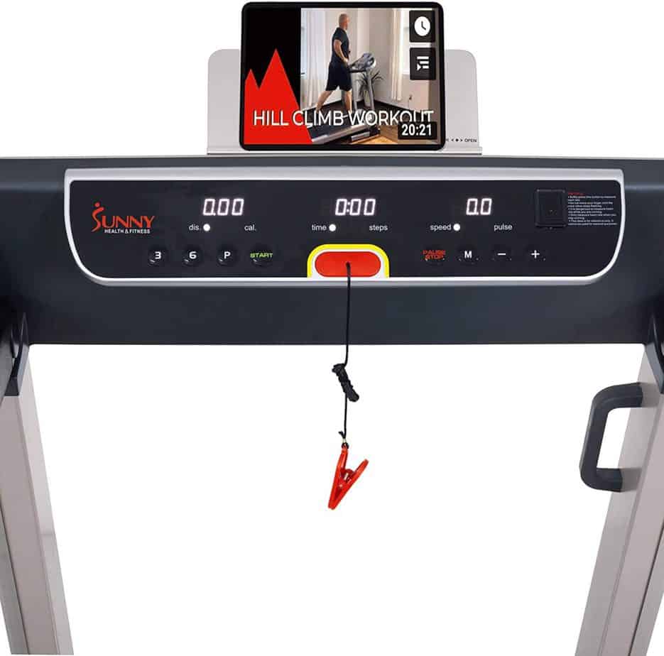 The console of the Sunny Health & Fitness SF-T7718 Electric Treadmill