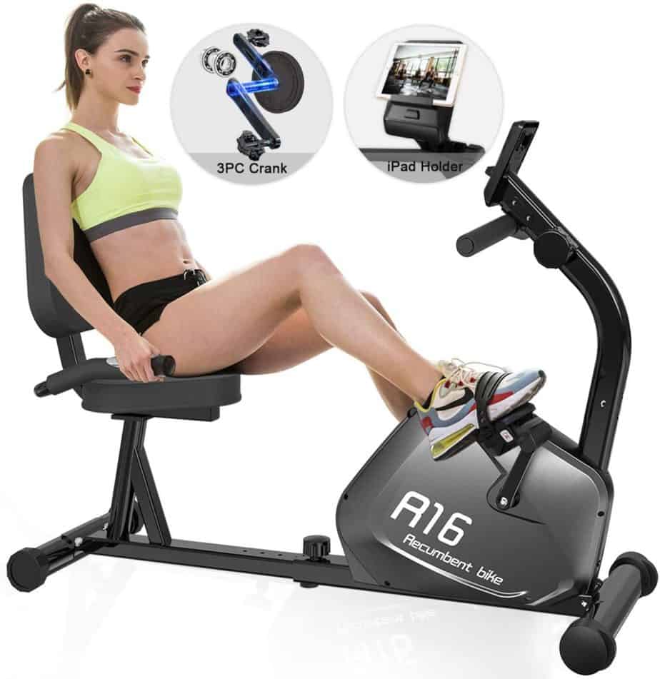A lady exercises with the SNODE R16 Magnetic Recumbent Bike