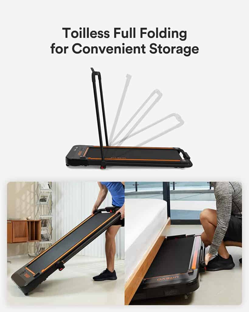The UREVO 2-in-1 Under-Desk 2.5 HP UR9TM0011 Treadmill is being rolled away for storage