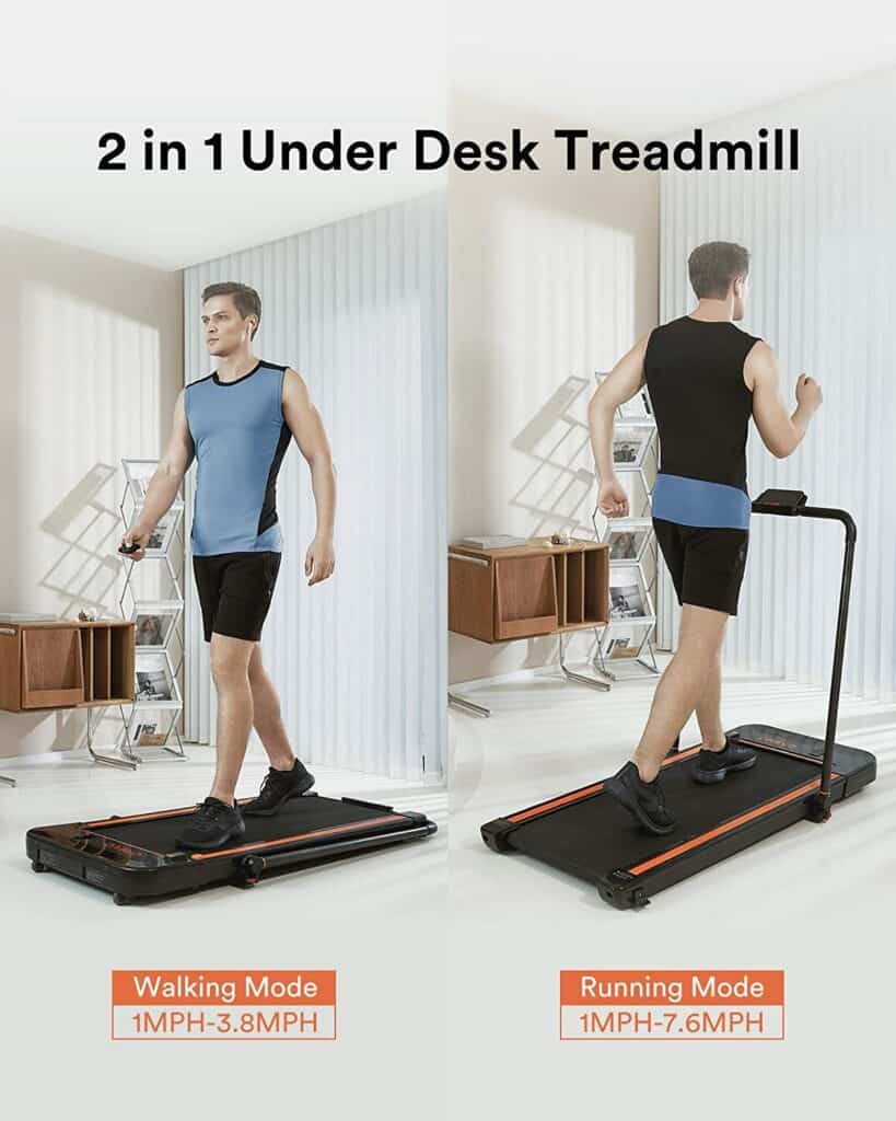 Two men use the two modes of the UREVO 2-in-1 Under-Desk 2.5 HP UR9TM0011 Treadmill to exercise