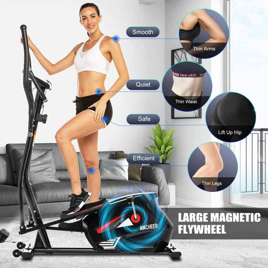 A lady poses on the ANCHEER EM530 Magnetic Elliptical Trainer