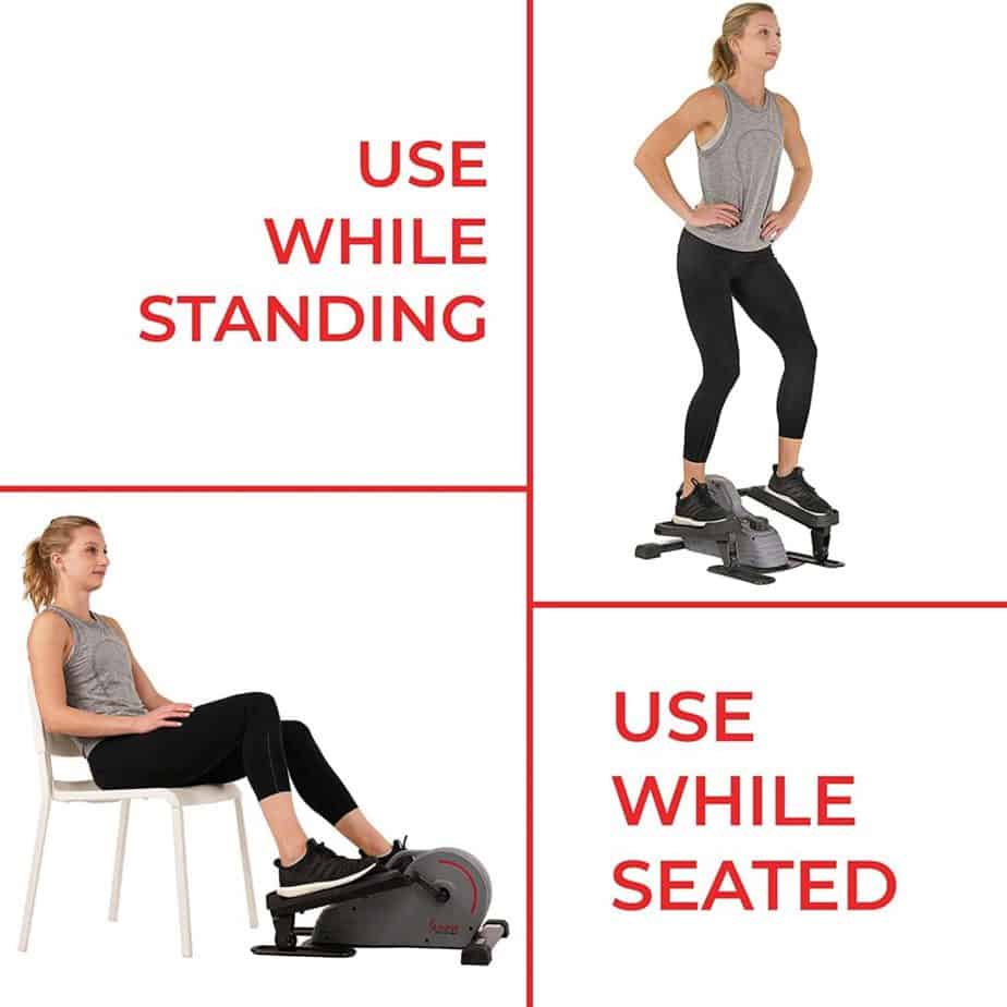 A lady uses the Sunny Health & Fitness SF-E3908 Under-Desk/Standing Portable Elliptical Machine while seated and standing