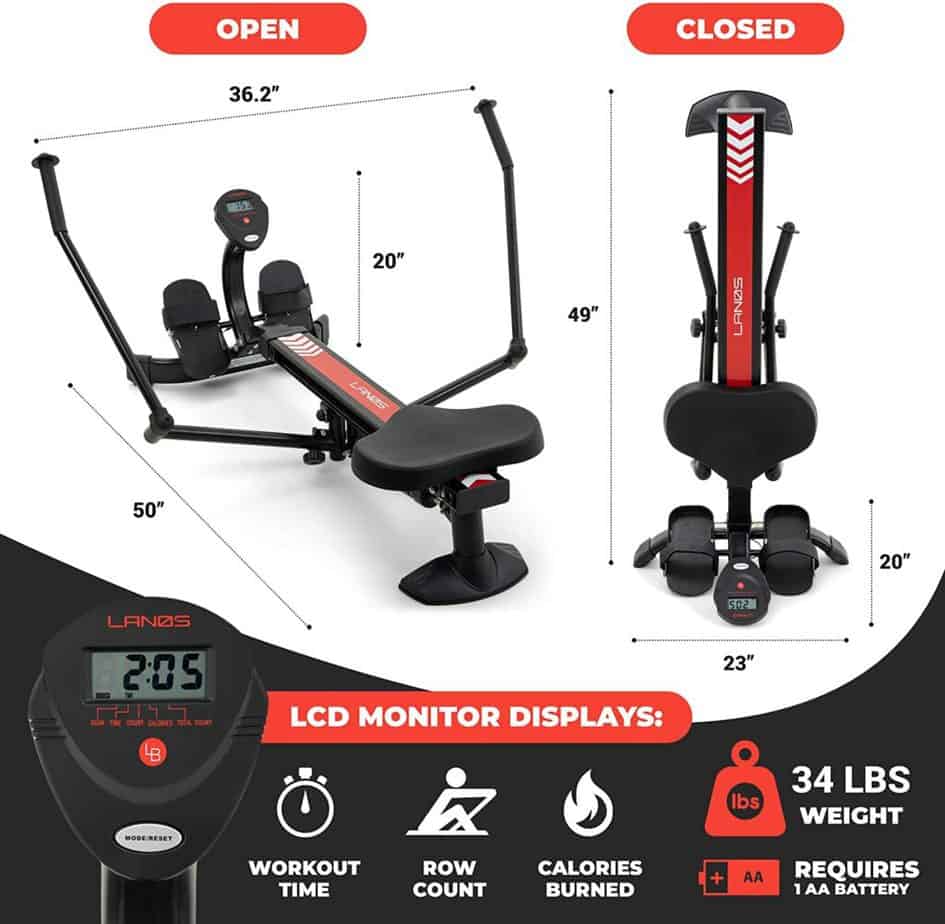 Folded and unfolded versions of the Lenos Hydraulic Rowing Machine