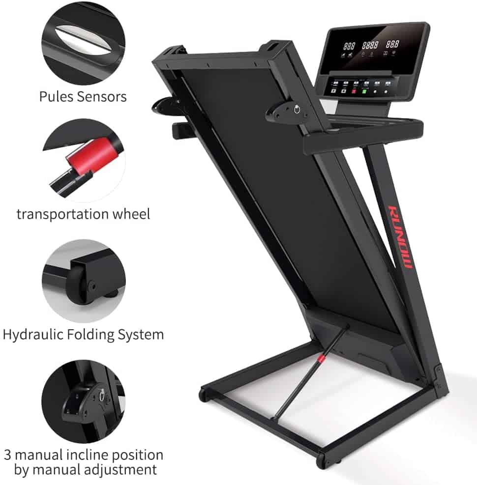 The RUNOW 3305EB Folding Treadmill is folded for storage