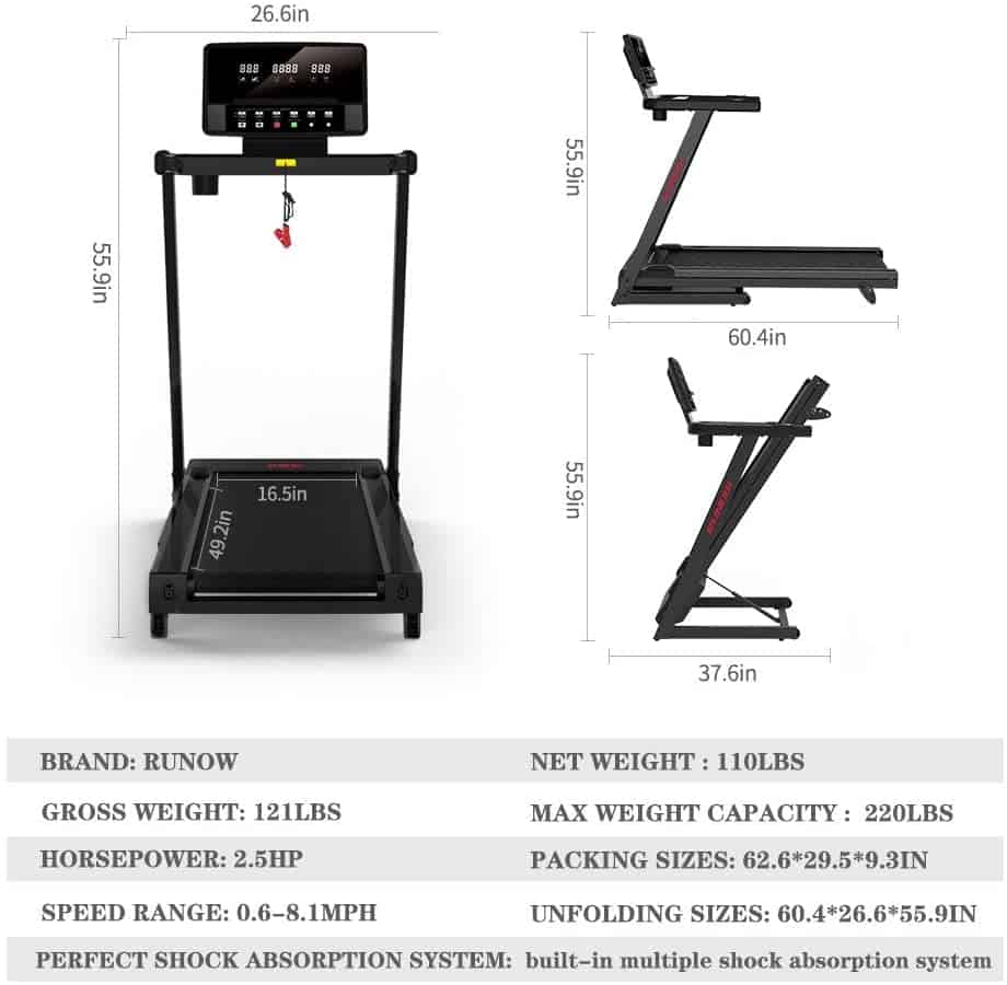 The side and front views of the RUNOW 3305EB Folding Treadmill, and the folded version