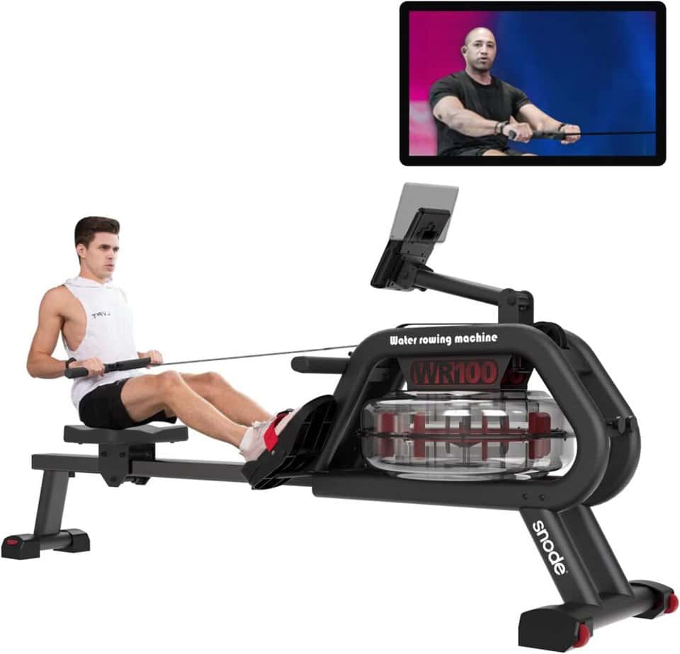 A man exercises on the SNODE RW100 Water Rowing Machine