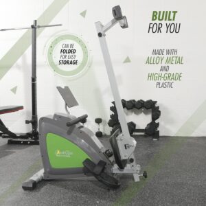 The ShareVgo SRM1000 Rowing Machine folded and ready for storage