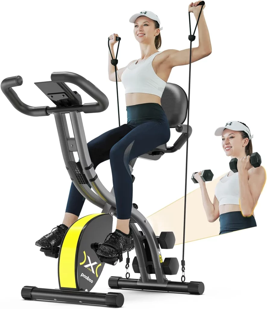 A lady exercises with the Pooboo X630 Folding 3-in-1 Exercise Bike and its arm resistance bands