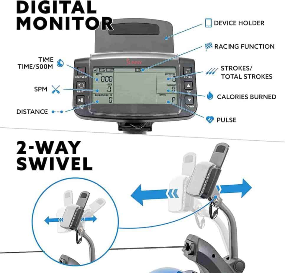 The swivel digital monitor of the Sunny Health & Fitness SF-RW5809 Hydro-Plus Resistance Rower 